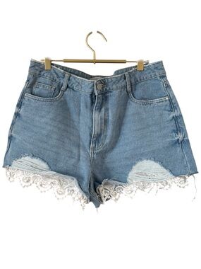 New Look Light Blue Denim Shorts with White Lace Trim